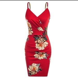 Curlbiuty Red Floral Bodycon Ruched Surplice Neck Knee Length Stretch Dress